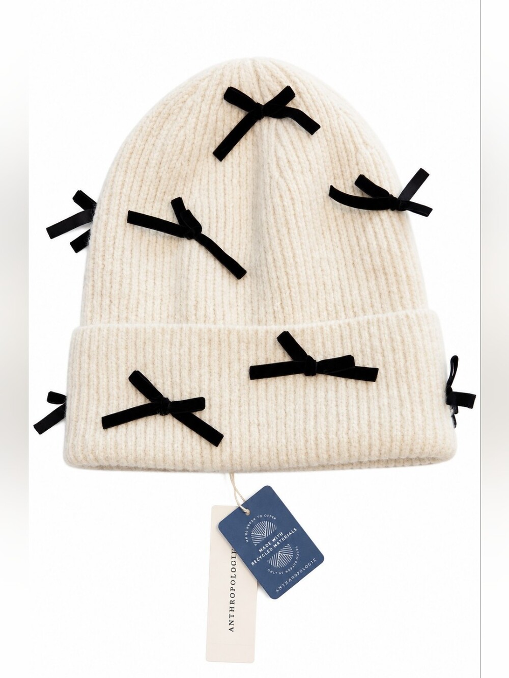 NWT Anthropologie Cream Ribbed Velvet Bow Beanie Black Bows OS
